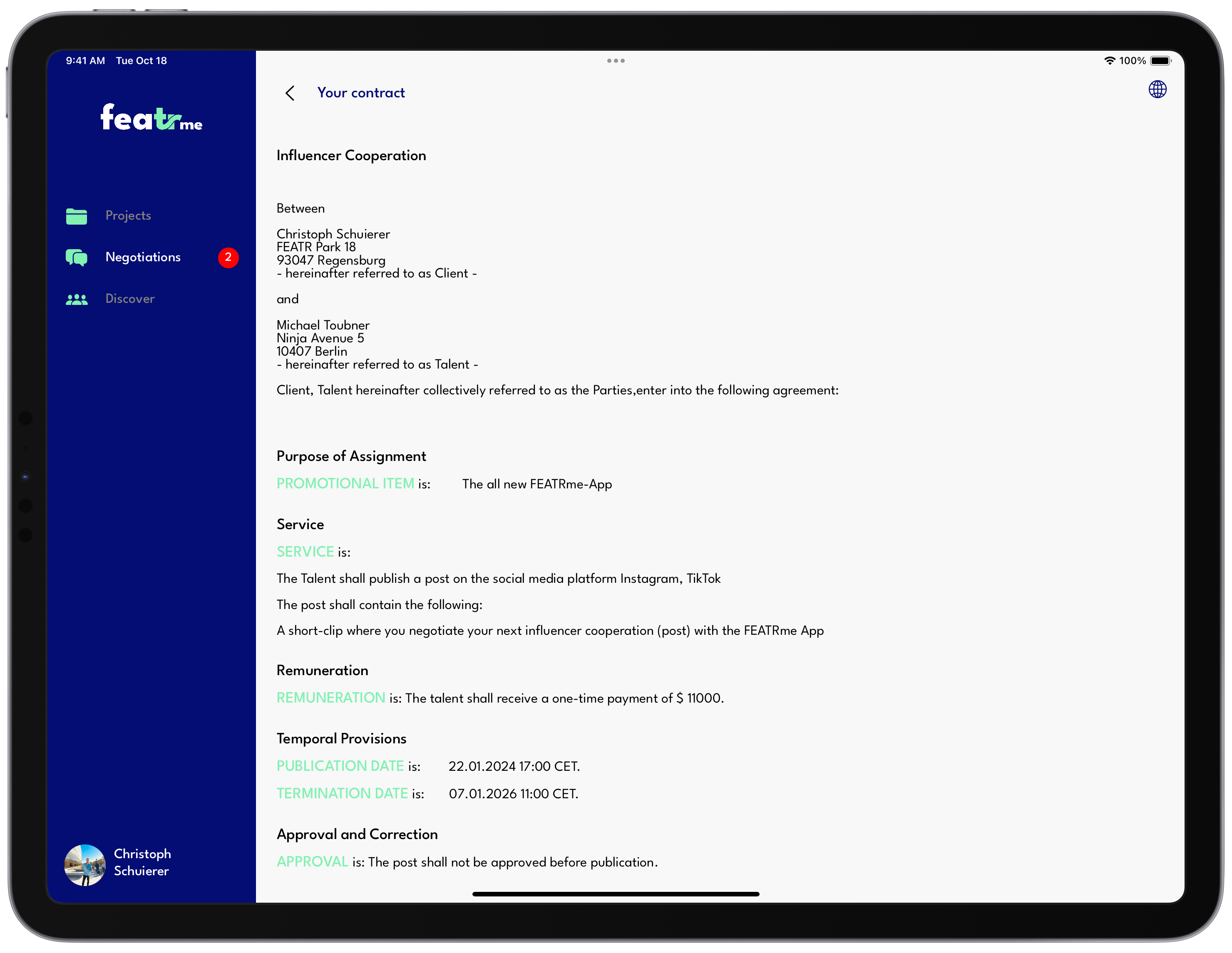 The interface of the FEATRme app on an iPad with a final fulltext contract to sign