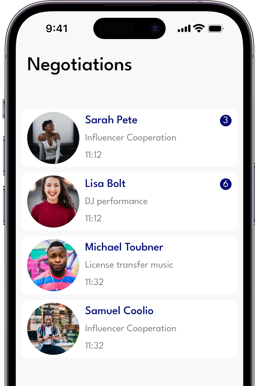 An iPhone showing the FEATRme in the main negotiations tab with 4 negotiations